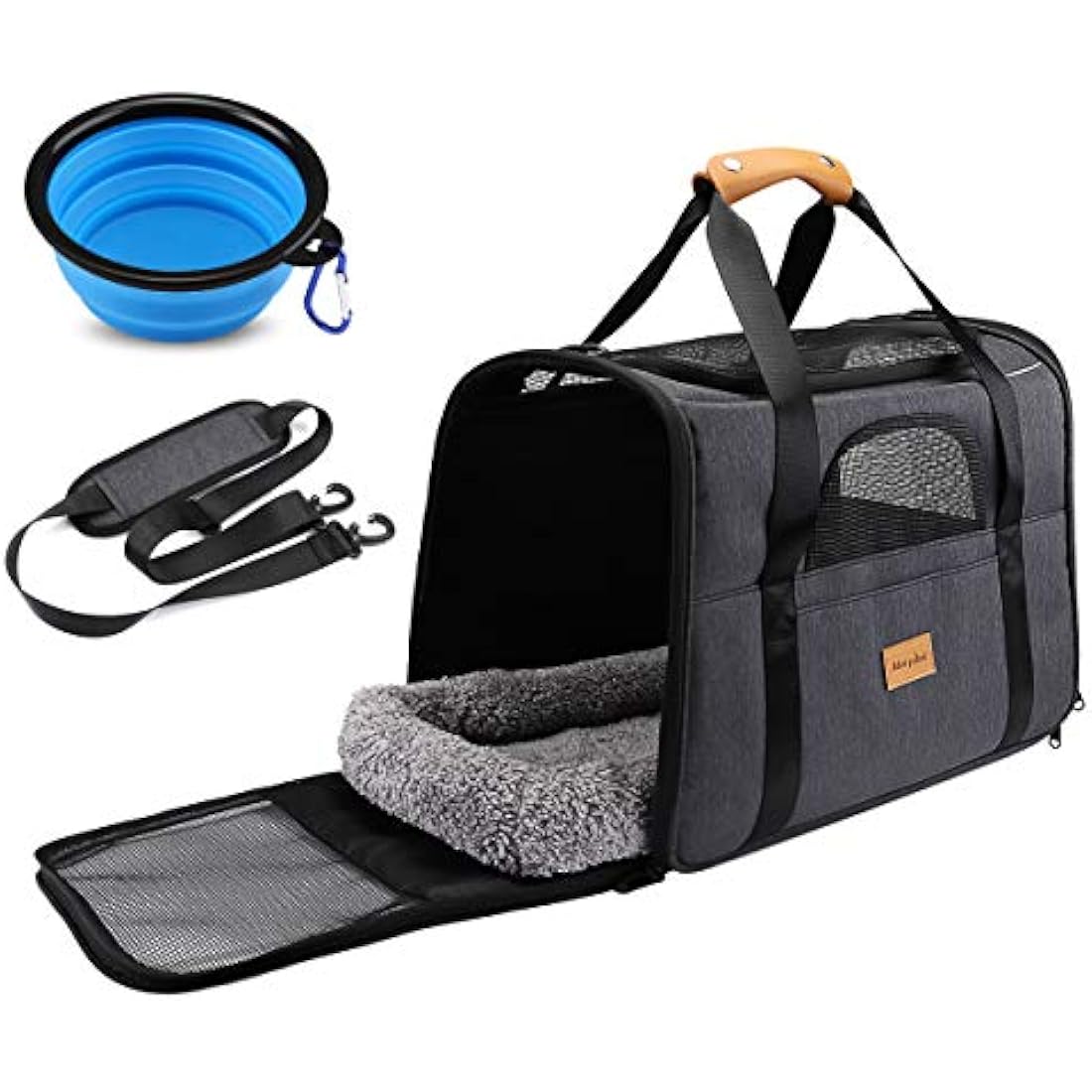 Morpilot Cat Carrier, Airline Approved Pet Carrier, Portable Dog Bag, Breathable Small Travel Cage with Adjustable Shoulder Strap and Bowl, Grey