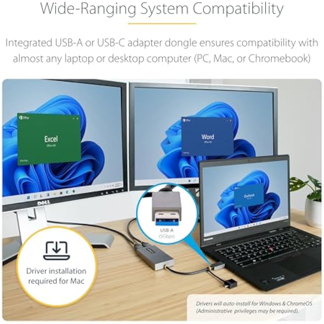 StarTech.com USB 3.0 or USB-C to Dual HDMI Adapter for Windows & macOS, 2x HDMI Displays (1x 4K30Hz, 1x 1080p), Integrated USB-A to C Dongle, 4in/11cm Cable (107B-USB-HDMI)