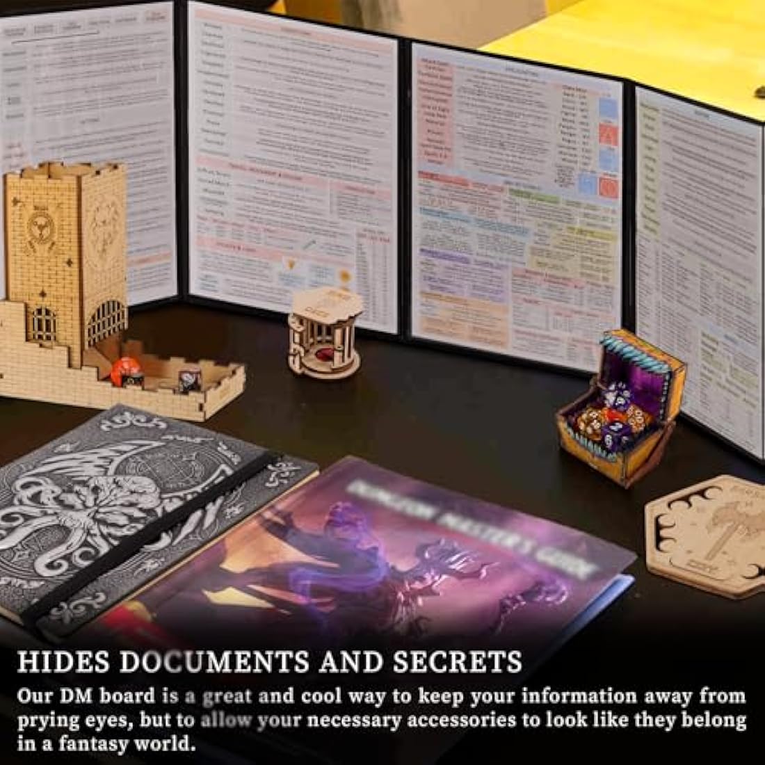 DND Dungeon Master Screen Faux Leather Embossed Dragon & Mimic, Four-Panel with Pockets DM Screen for Dungeons and Dragon, Pathfinder, D&D