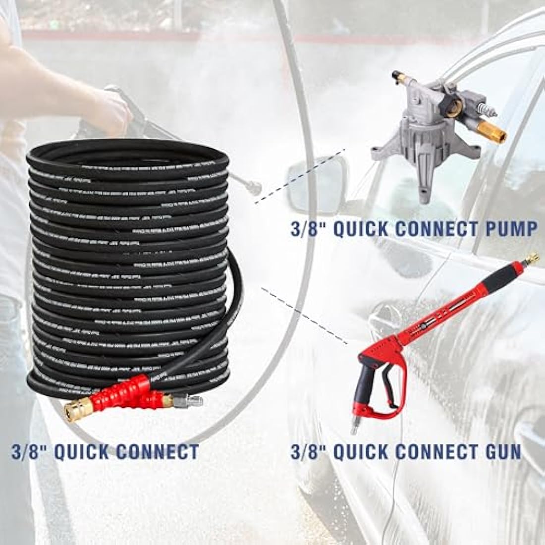 Tool Daily Pressure Washer Hose, 3/8 Inch x 50 FT, Quick Connect, 4000 PSI, High Tensile Wire Braided,Black