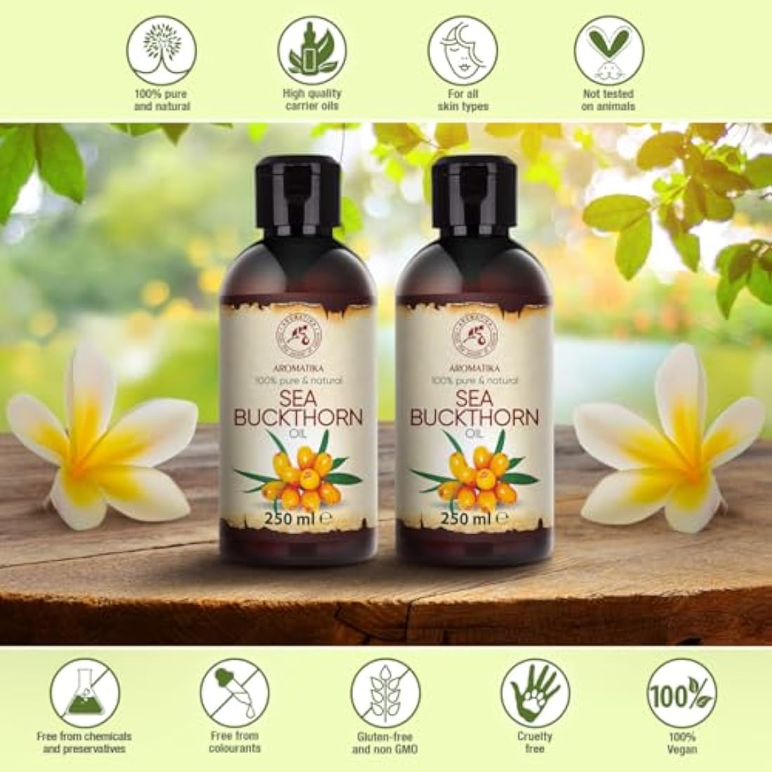 Sea Buckthorn Oil Set 2x250ml - 100% Pure & Natural - Cold Pressed - Unrefined - Hippophae Rhamnoides Oil - Cosmetic Oil for Hair - Face - Body - Aromatherapy - Relaxation - Massage - Spa
