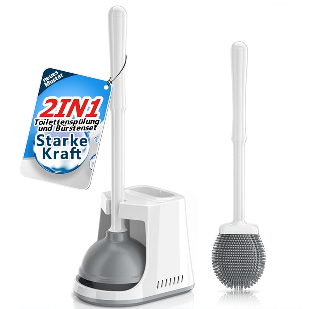 Sapisecret WhiteToilet and Plunger Silicone Set, Edge Cleaner and Holder Standing, White Brush Set