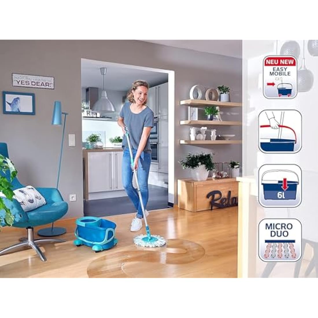 Leifheit Clean Twist Disc Mop Ergo Mobile Set, Moisture Controlled Spin, Wheeled Bucket, Faster Cleaning, Easy-Steer Micro Fibre 33cm Head with 360­ Joint, Spin Mop System