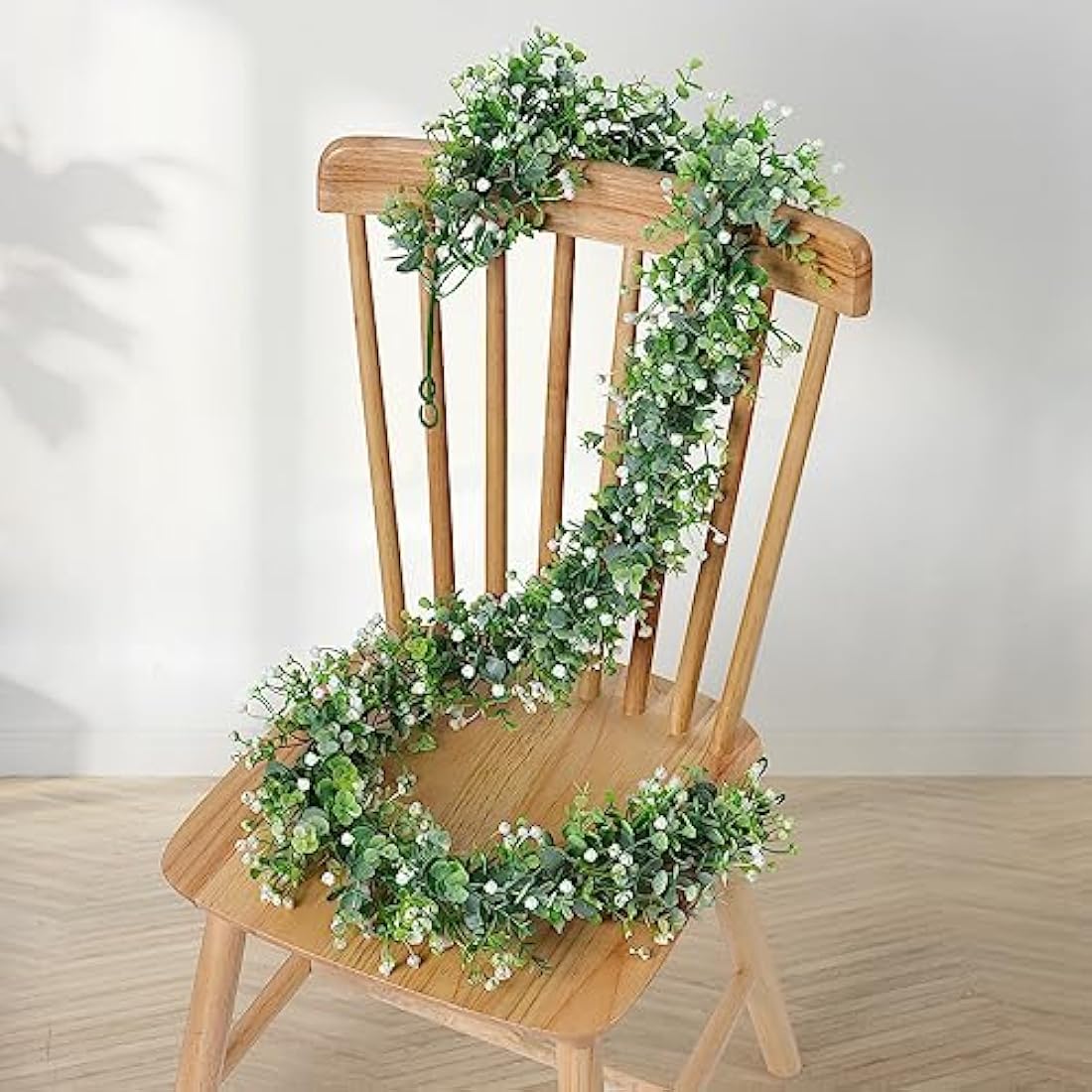 LOMOHOO 2PCS 12FT Artificial Eucalyptus Garland With White Flowers, Fake Leaves Green Garland Artificial Foliage Garland, Greenery Garlands for Home Decoration Wedding Backdrop Table Arch Wall Decor