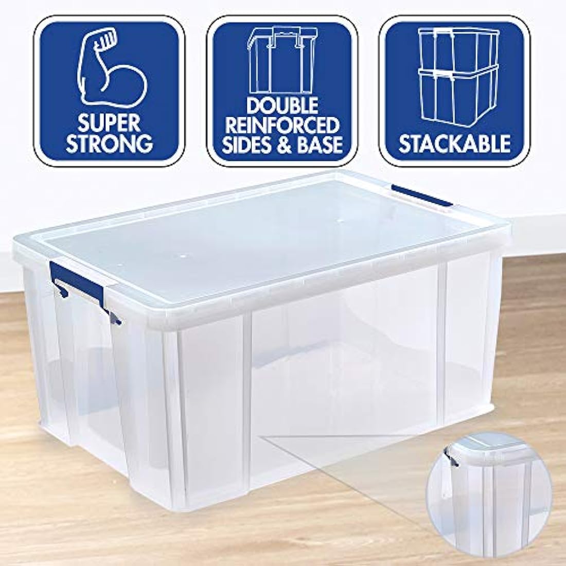 BANKERS BOX Plastic Storage Boxes with Lids, Pack of 3, 2 x 70 Litre + 1 x 85 Litre. ProStore Strong Stackable Plastic Storage Boxes, Made in the UK, Clear