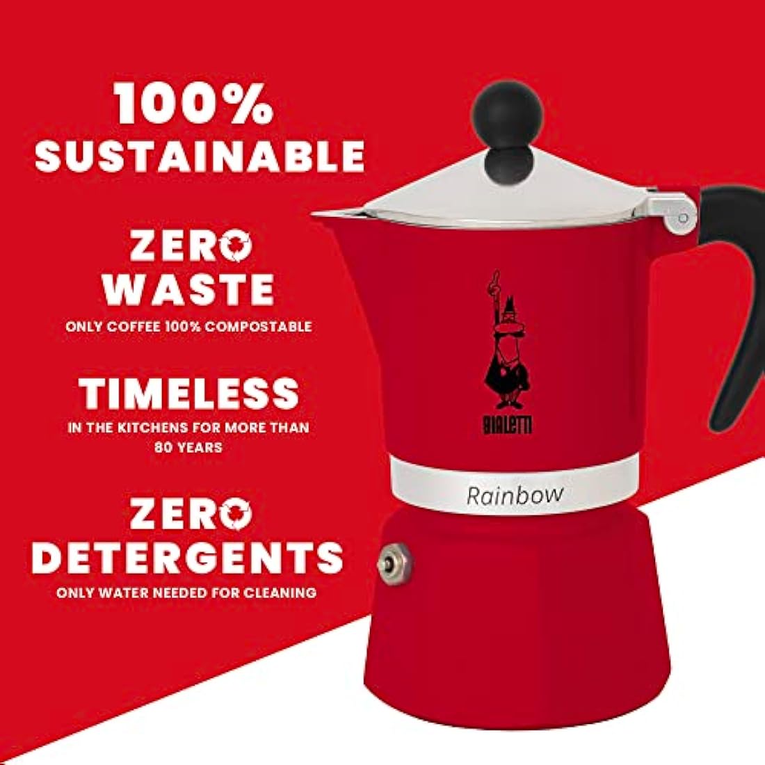 Bialetti Rainbow Caffettiera Colorata, Alluminio, Rossa, 3 Tazze,Red,30 x 20 x 15 cm