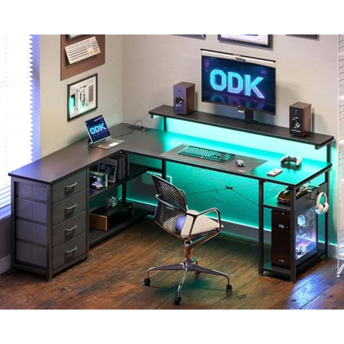 ODK Corner Desk with Drawers, L Shaped Gaming Desk with LED Lights & Power Outlets, Reversible Computer Desks for Home Office Workstation, Office Desks with Monitor Shelf, 155×110 cm, Black