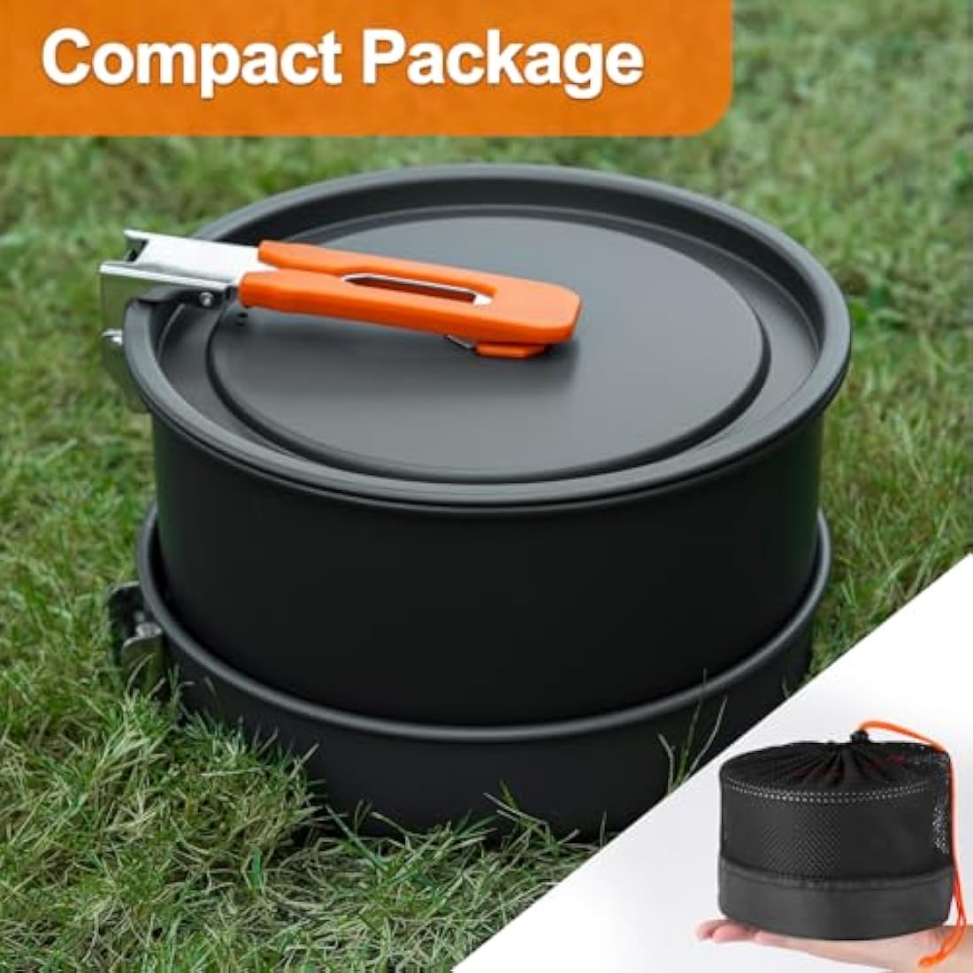 Odoland Camping Outdoor Cookware Mess Kit, Portable Camping Cooking Pot Frypan with Kettle Mesh Bag for Camping, Backpacking, Outdoor Cooking and Picnic