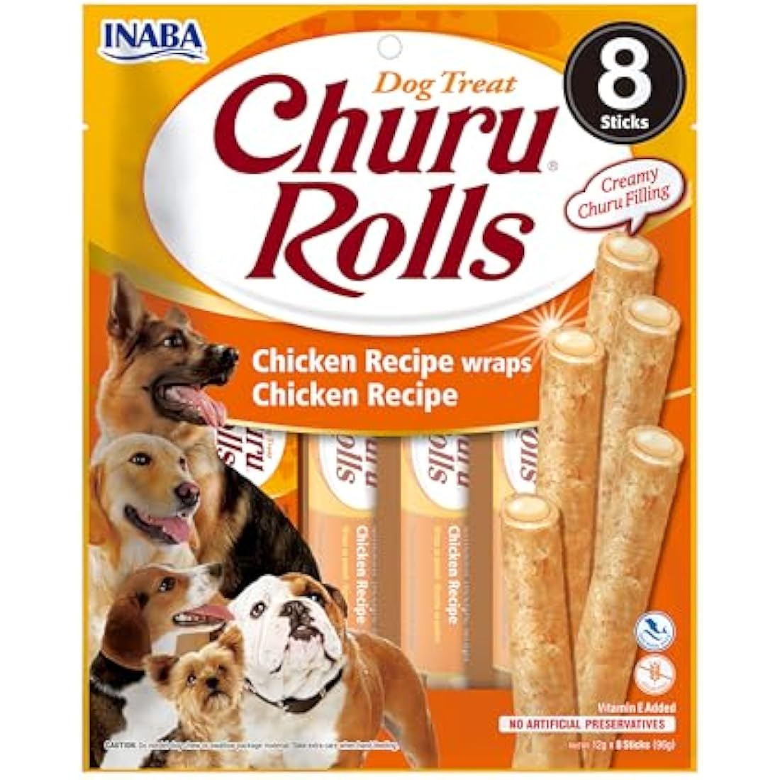Churu Bites by INABA Dog Treat - Chicken Flavour 8 Pack (64 x 12g total) / Crispy Pouches with Creamy Filling Dog Treat, Delicious & Healthy Snack for Dogs, Training Treat, Natural, Grain Free