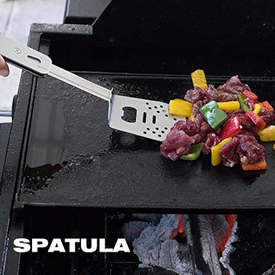 ROXON 4 in 1 Compact Mini BBQ Barbecue Combo Tool Set with Spatula, Fork, Tongs and Bottle Opener for Hiking Camping (Grey)