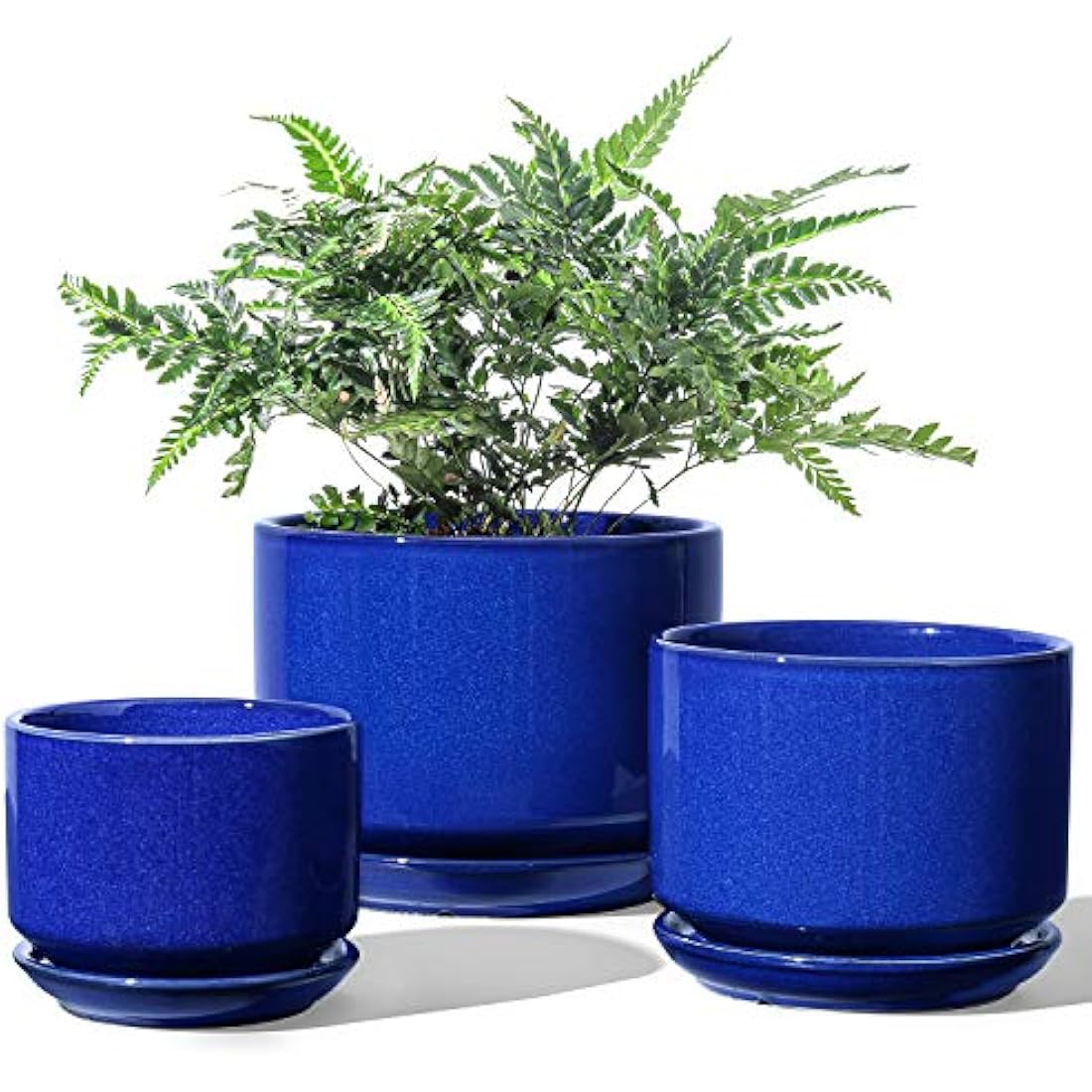 LE TAUCI Plant Pots, 11+13+17 cm Ceramic Planters, Set of 3 Flower Pots with Drainage Hole and Saucer, Indoor Plant Pot with Hole Mesh Pad, Gifts for Mom, Sapphire Blue