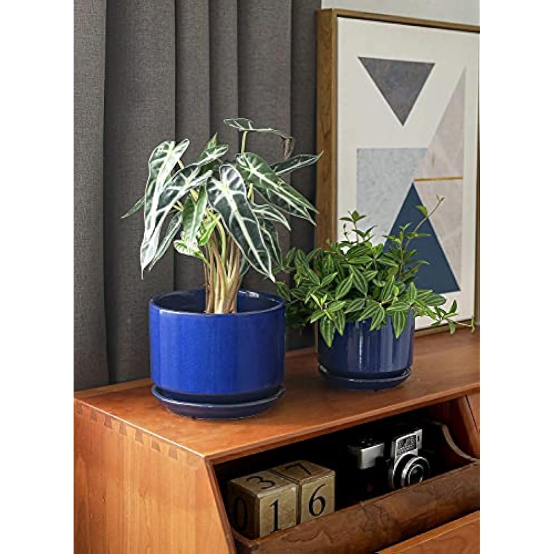 LE TAUCI Plant Pots, 11+13+17 cm Ceramic Planters, Set of 3 Flower Pots with Drainage Hole and Saucer, Indoor Plant Pot with Hole Mesh Pad, Gifts for Mom, Sapphire Blue