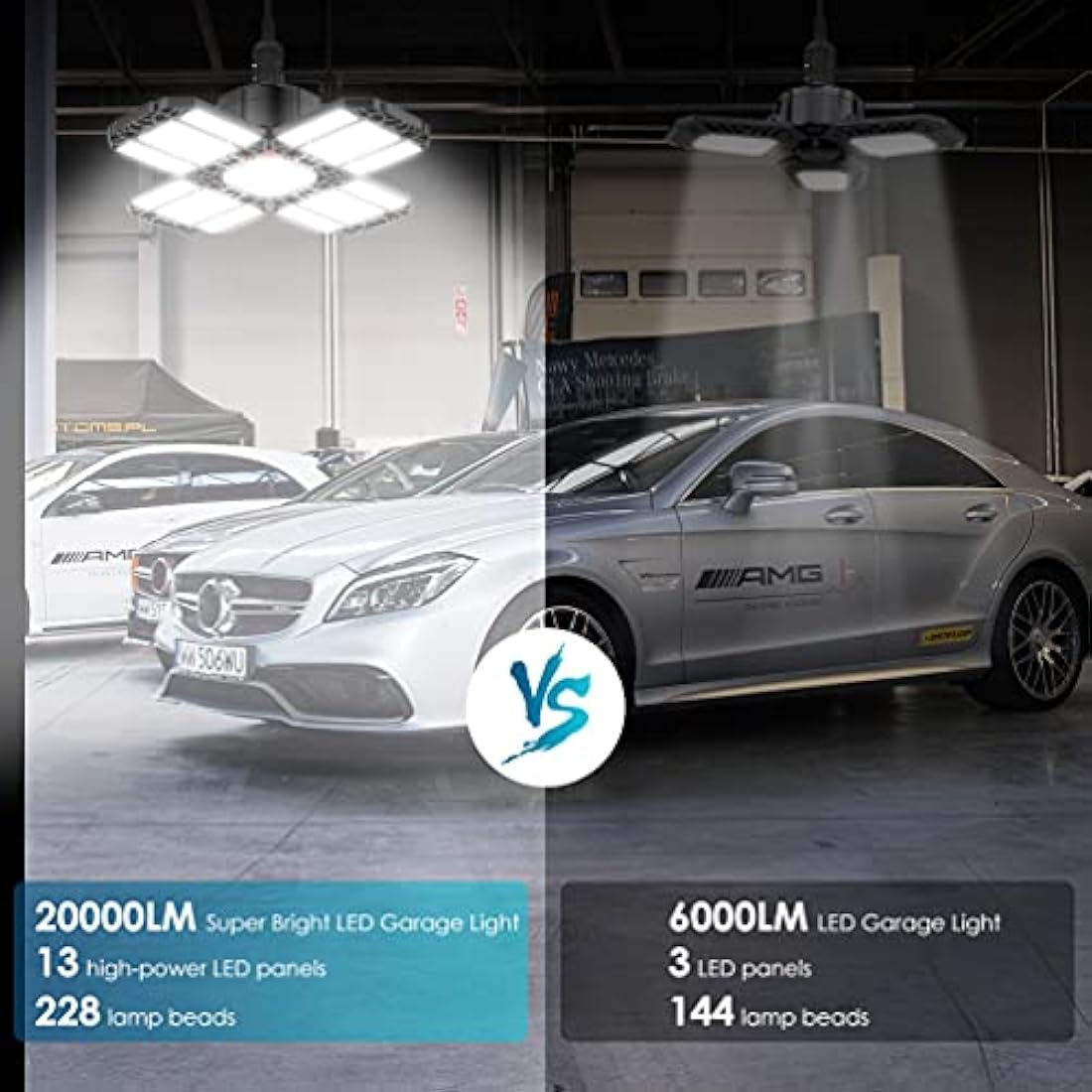 Rafow 200W LED Garage Light 2 Pack - 20000LM 6500K Deformable Ceiling Lighting Fixture with 12 Adjustable Panels - E26/E27 Bay Light for Garage | Basement | Shop | Workshop | Barn | Warehouse