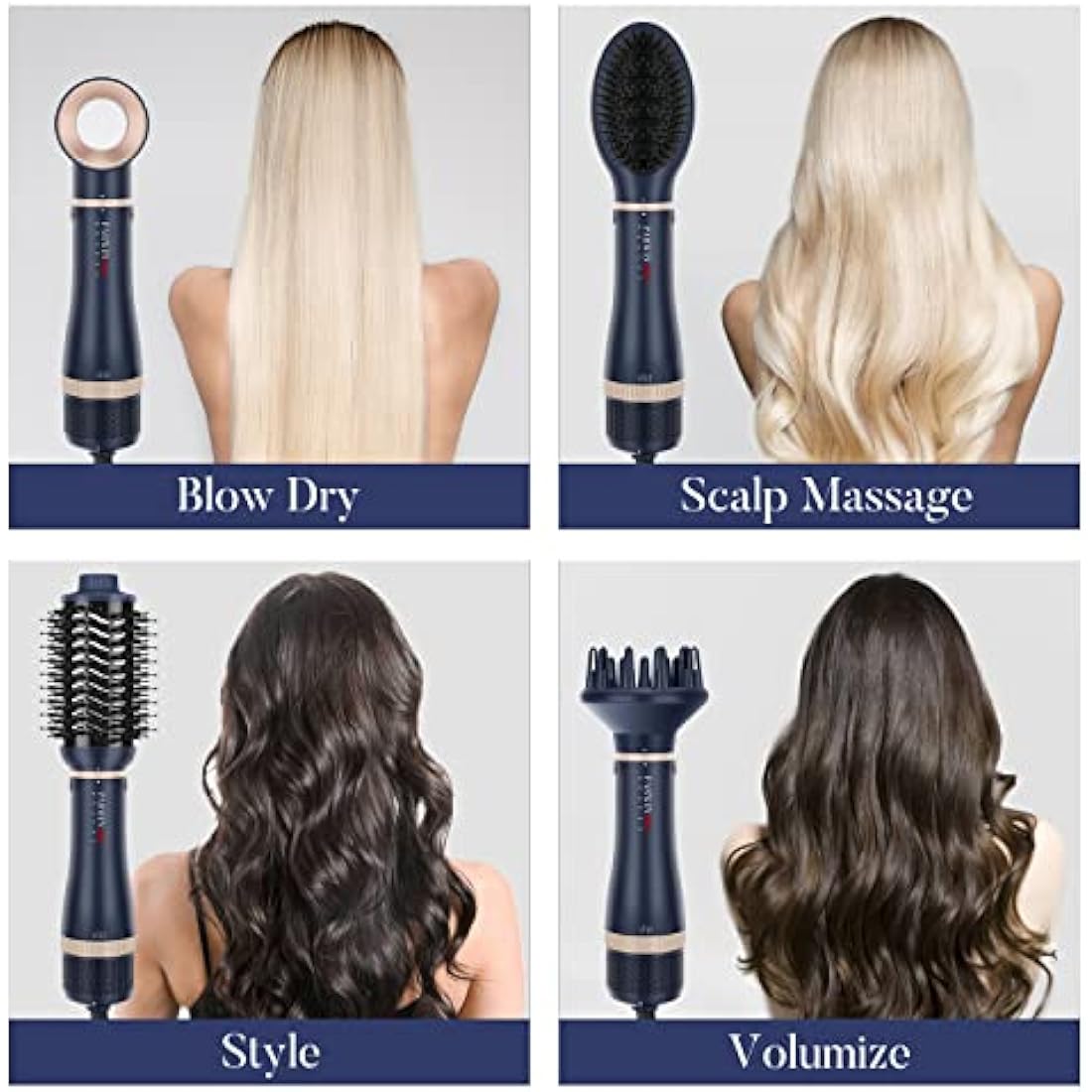 4 in 1 Hair Dryer Brush Set, Multi Air Styler with 4 Attachments as Hairdryer, Hot Air Brush, Hair Diffuser, Hot Brush for Hair Styling, Ionic Care Frizz-Free, Blue