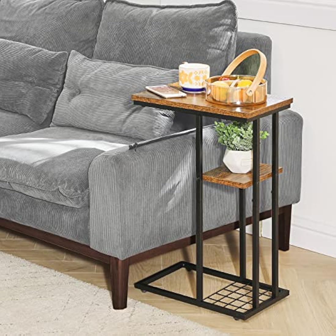 YMYNY C-Shaped End Table Set of 2, Side Table for Sofa and Bed, Coffee Table for Small Spaces, Living Room, Bedroom, Industrial Small Table with Storage Shelf and Metal Frame, Rustic Brown, HST004H-2