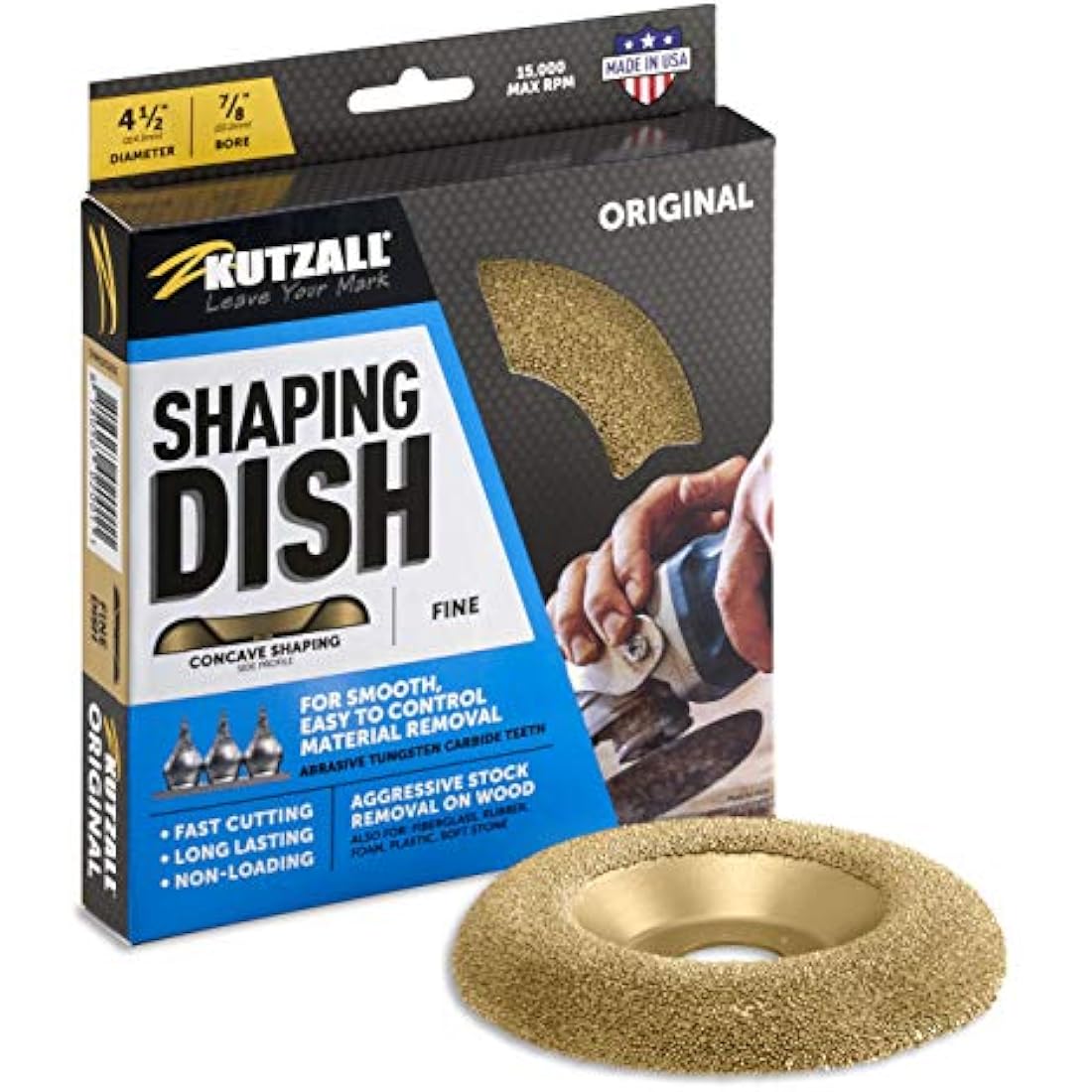 Kutzall Original Shaping Dish - Fine, 4-1⁄2" (114.3mm) Dia. X 7⁄8" (22.2mm) Bore - Woodworking Angle Grinder Attachment for DeWalt, Bosch, Milwaukee, Makita. Abrasive Tungsten Carbide, DW412O230
