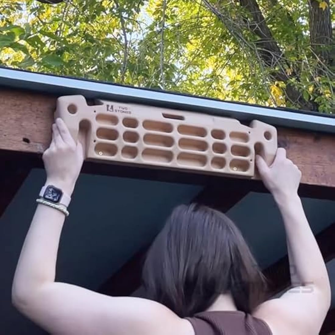 TWO STONES Hangboard Rock Climbing Hangboard with Phone Holder, Band Holder, Jugs, Pinches, Pockets, Edges and Slopes; Wood Hang Board for Climbing
