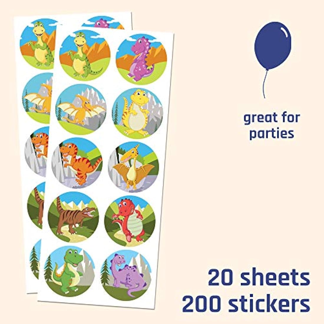TownStix Dinosaur Stickers Set - 10 Designs, 20 Sheets, 200 Stickers