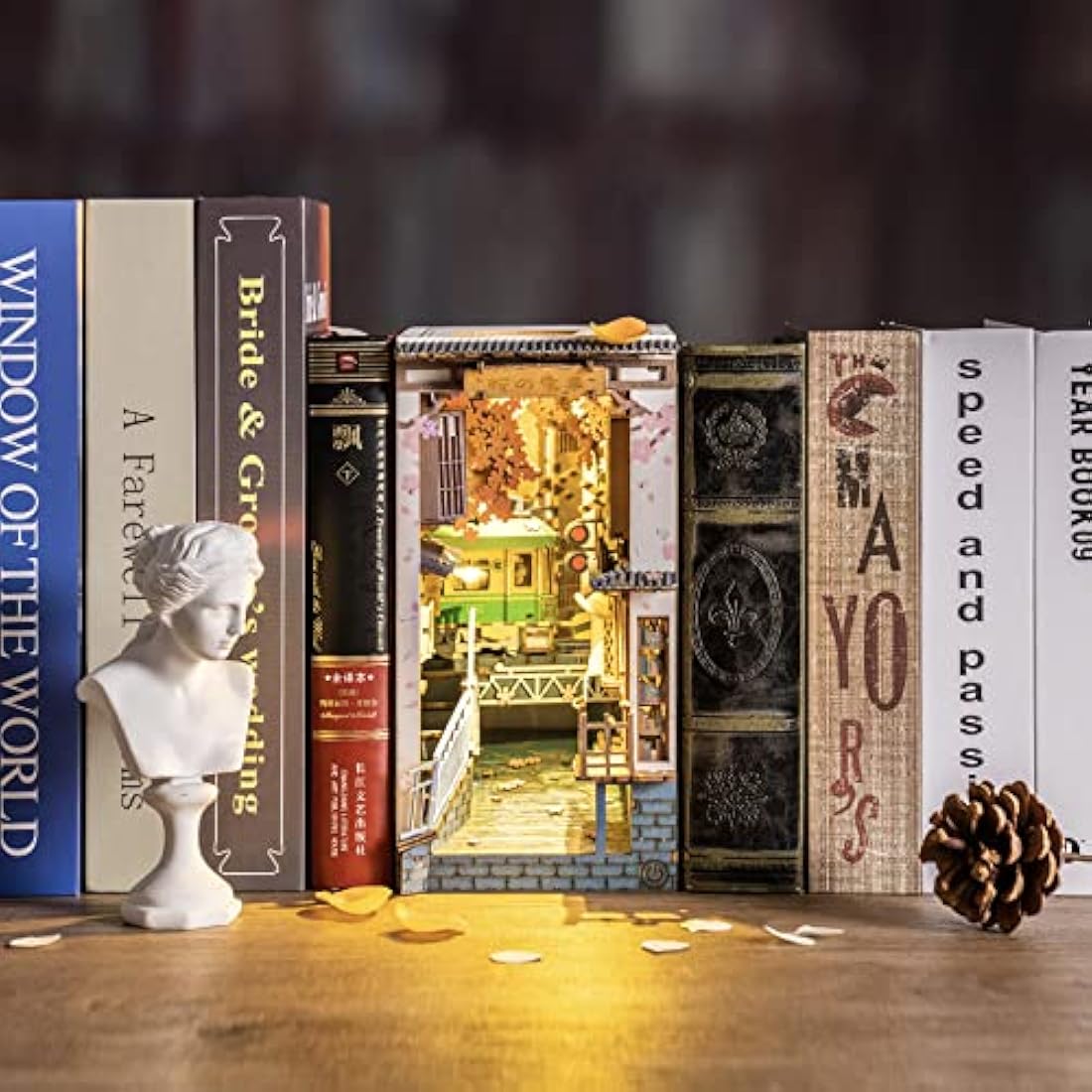 ROBOTIME Wooden Book Nook Dollhouse Kit,DIY Wall Hanging Miniature Room, Puzzle House Model Building Kits with LED Lights, Home, Bookshelf Decor (Sakura Densya)