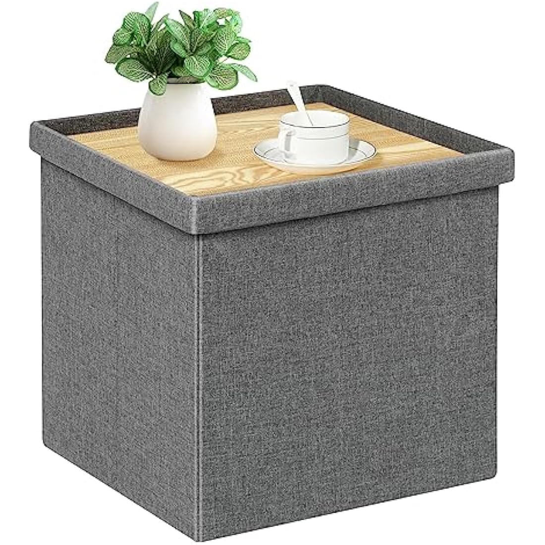 Bonlife Grey Ottoman Coffee Table,Toy Storage Box with Lid,Foldable Stool Seat Footstool with Storage,for Living Room,Bedroom,40.5x38.5x38cm