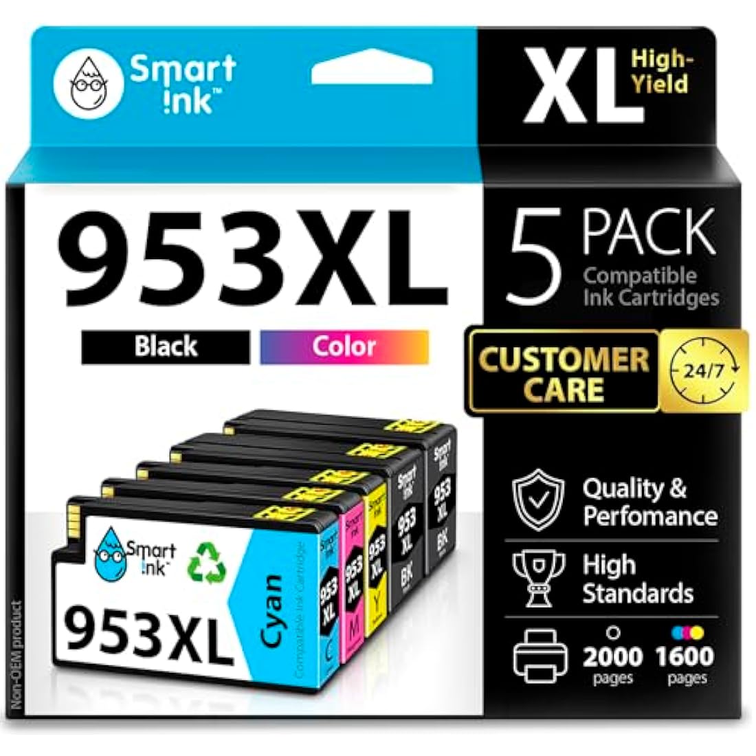 Smart Ink Compatible Ink Cartridges Replacement for HP 953XL 953 XL 5 Multipack (2 Black XL & C/M/Y) with Advanced Chip Technology use with HP Officejet pro 7720 7730 7740 8710 8715 8720 8725 Printer