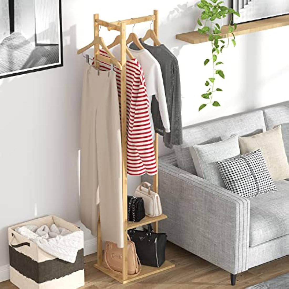 unho Bamboo Clothing Rack, Corner Coat Rack Stand Hall Trees Free Standing Clothes Hanging Rail Garment Rack with 2 Shelves 3 Hanger Hooks and Pants Hanger for Entryway Bedroom Living Room
