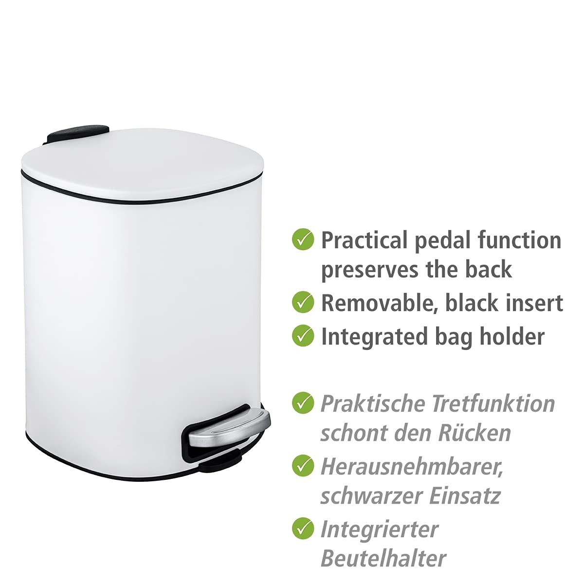 WENKO Alassio Cosmetic Pedal Bin, 5 Litre Volume Bathroom Bin with Easy-Close Mechanism, Painted Steel, 24.5 x 20.5 x 27 cm, White