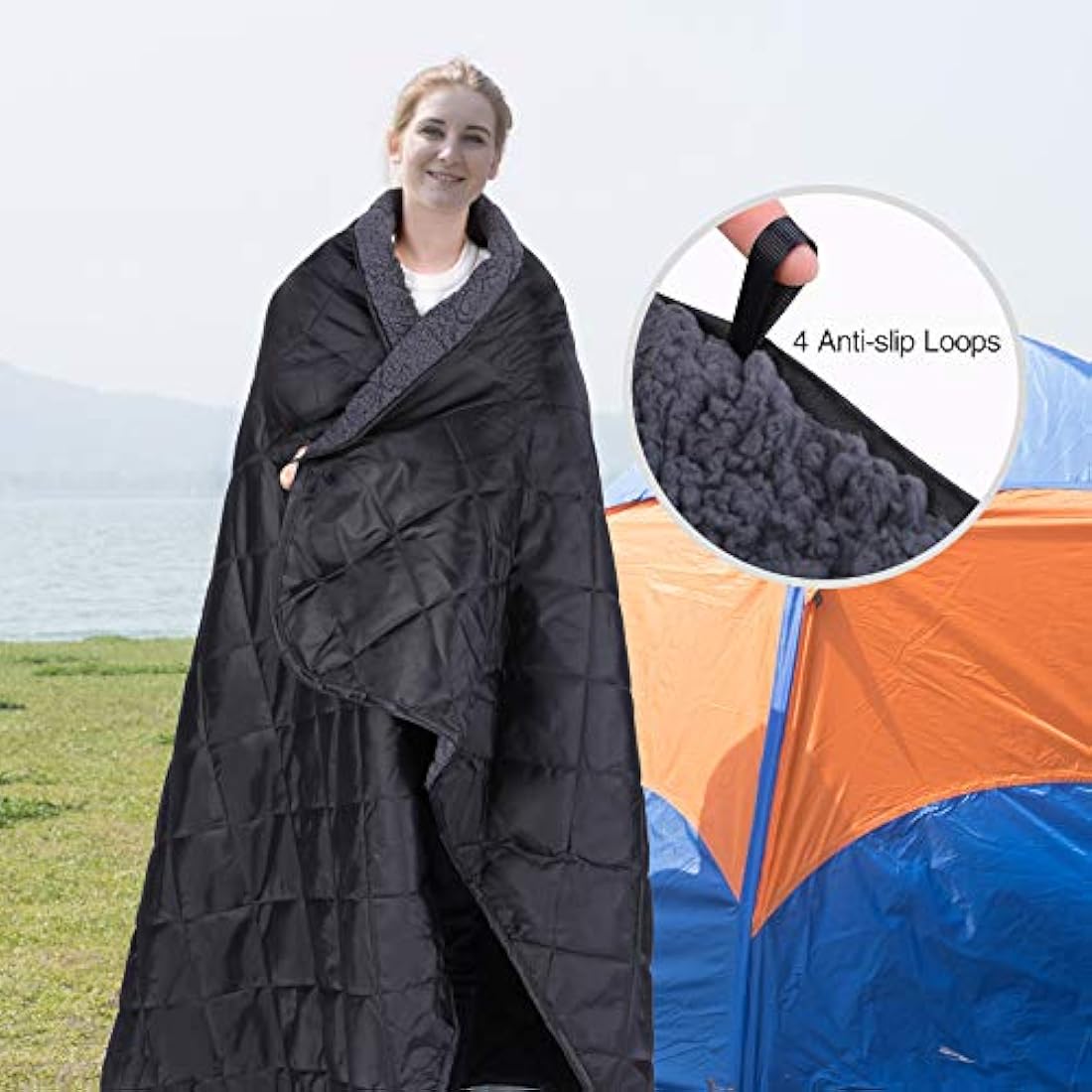 REDCAMP Large Waterproof Camping Blanket Thermal with Sherpa Lining, 200x200 cm Windproof Outdoor Blanket for Cold Weather Winter Stadium Travel Sports,Washable Black