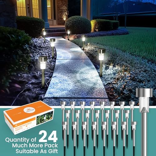 GIGALUMI Solar Lights Outdoor Garden Waterproof,24 Pack,Stainless Steel LED Solar Garden Lights for Patio, Lawn, Yard and Landscape Decor, Cold White