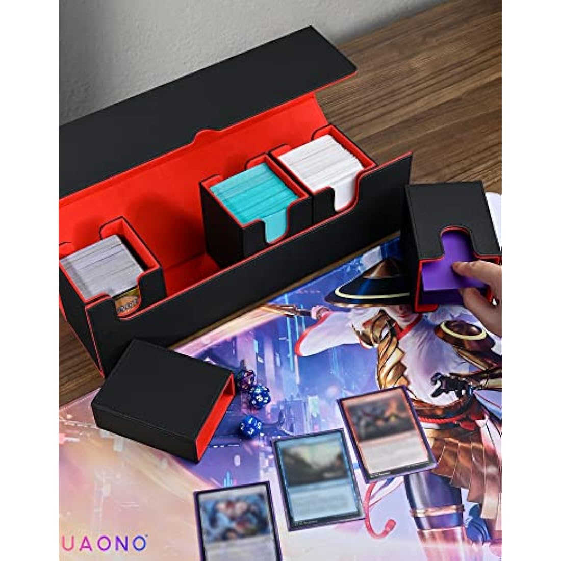 UAONO Card Deck Storage Box with Dice Tray for MTG YugiOh, 5 in 1 Deck Case Set Holds 900+ Sleeved Cards, Strong Magnet Card Organizer Box for Magic Commander TCG CCG Cards (Black&Red)