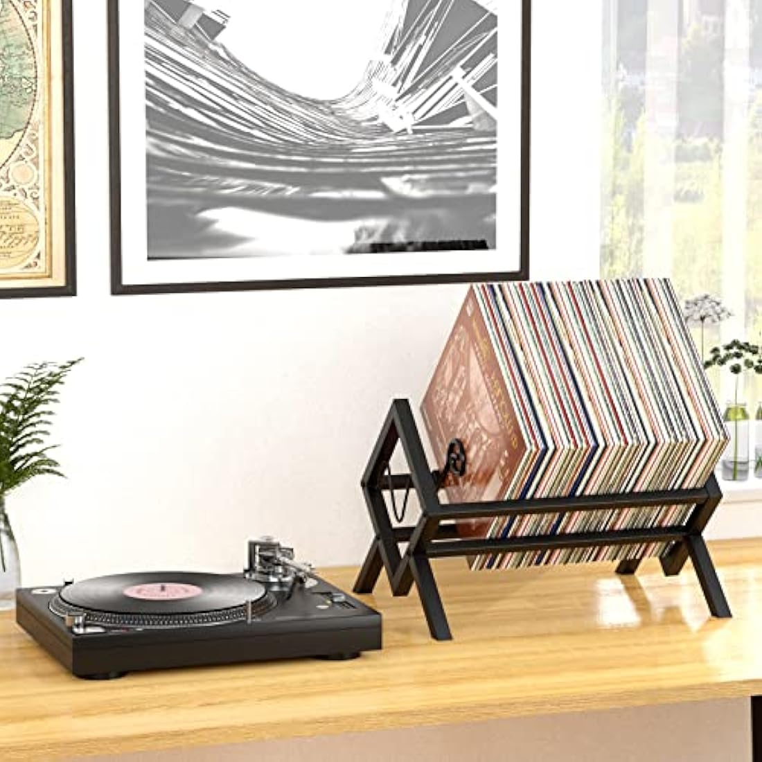 EKNITEY Vinyl Record Storage Holder - Metal Record Stand 80-100 LP Storage Vinyl Organizer for Albums Audio Easy to Assemble Black