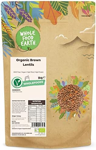 Wholefood Earth Organic Brown Lentils 3kg GMO Free | Vegan | High Fibre | High Protein | Certified Organic