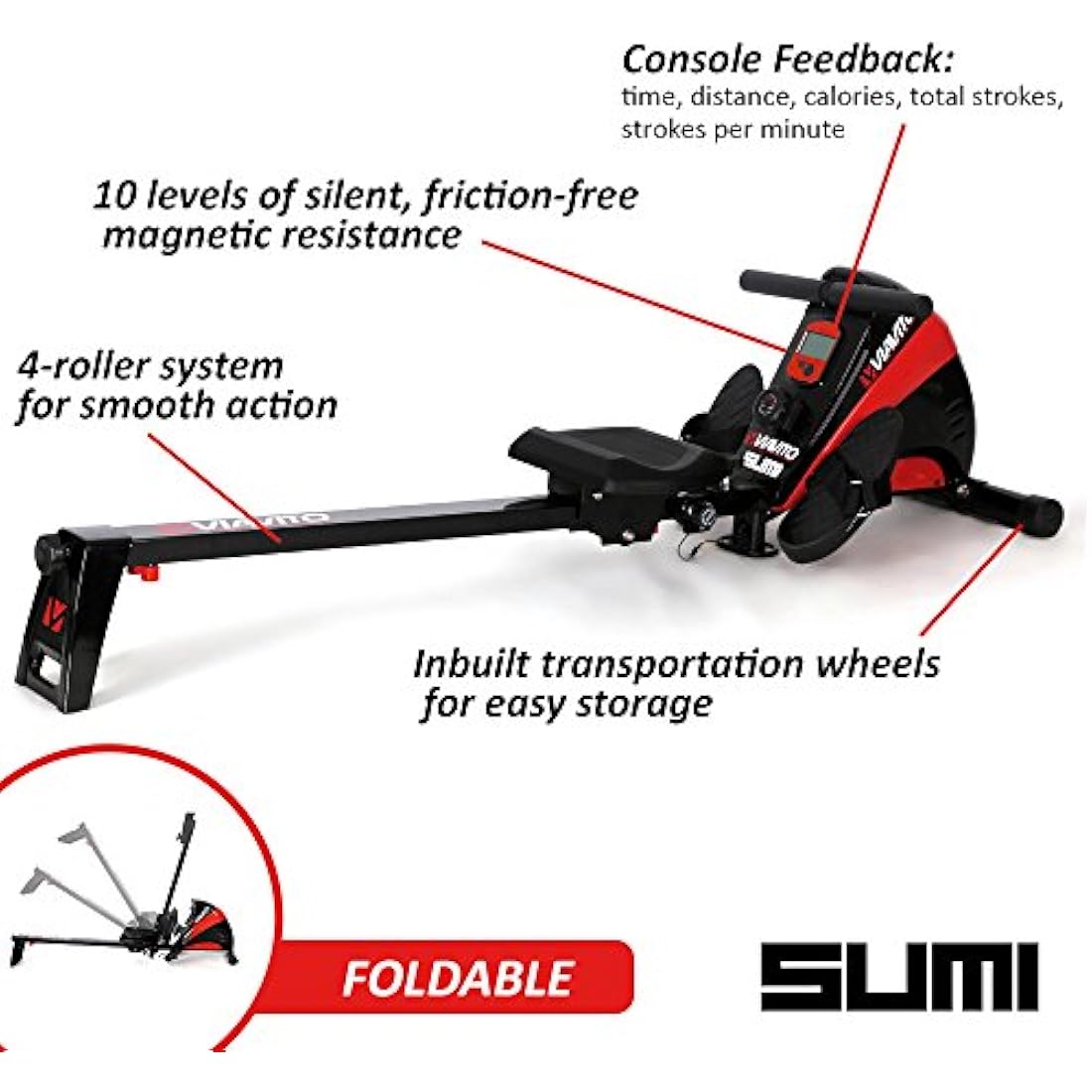 VIAVITO Sumi Folding Rowing Machine, Home Gym Equipment, Cardio Machine, 10 Levels Silent Magnetic Resistance, LCD Display, 7kg Flywheel, Ergonomic Design, 2Y Warranty, Perfect for Full-Body Workout