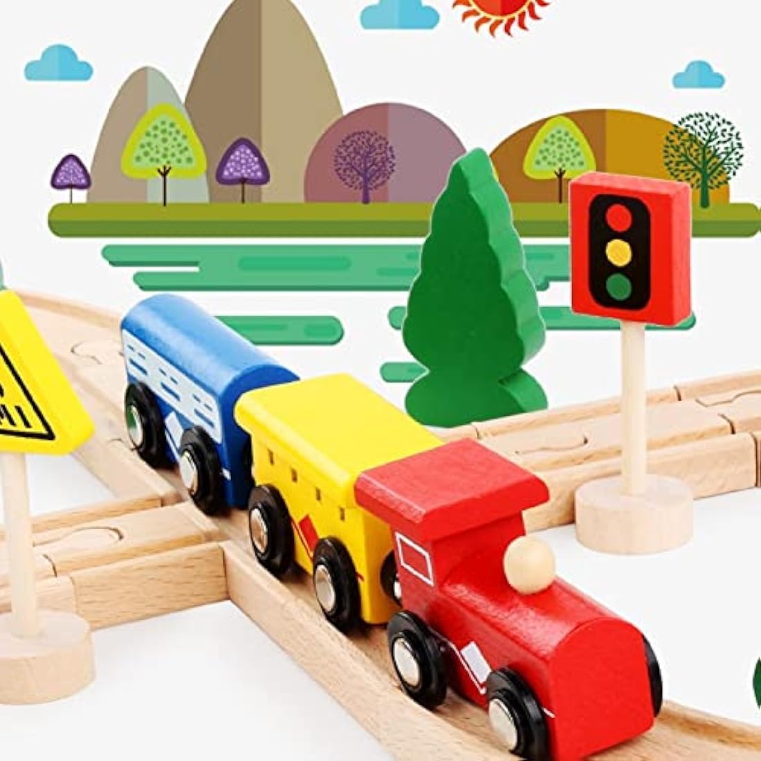 Thomas & Brio Compatible Wooden Train Set - 33 Piece Magnetic Railway with Wooden Rails for 3-6 Year Old Girls & Boys