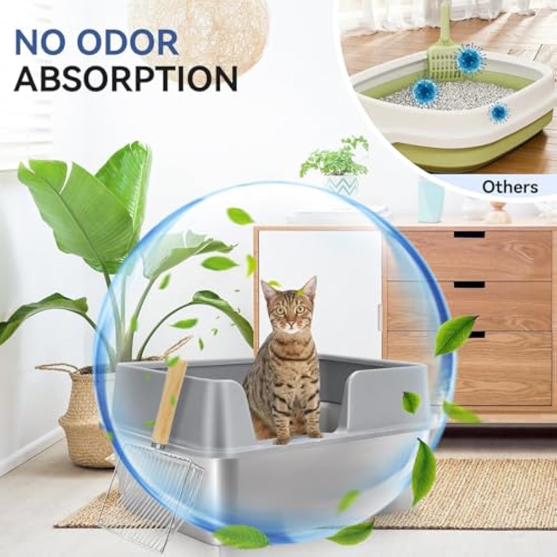 XXL Stainless Steel Cat Litter Tray - High Rim Open Box with Metal Scoop, Easy to Clean