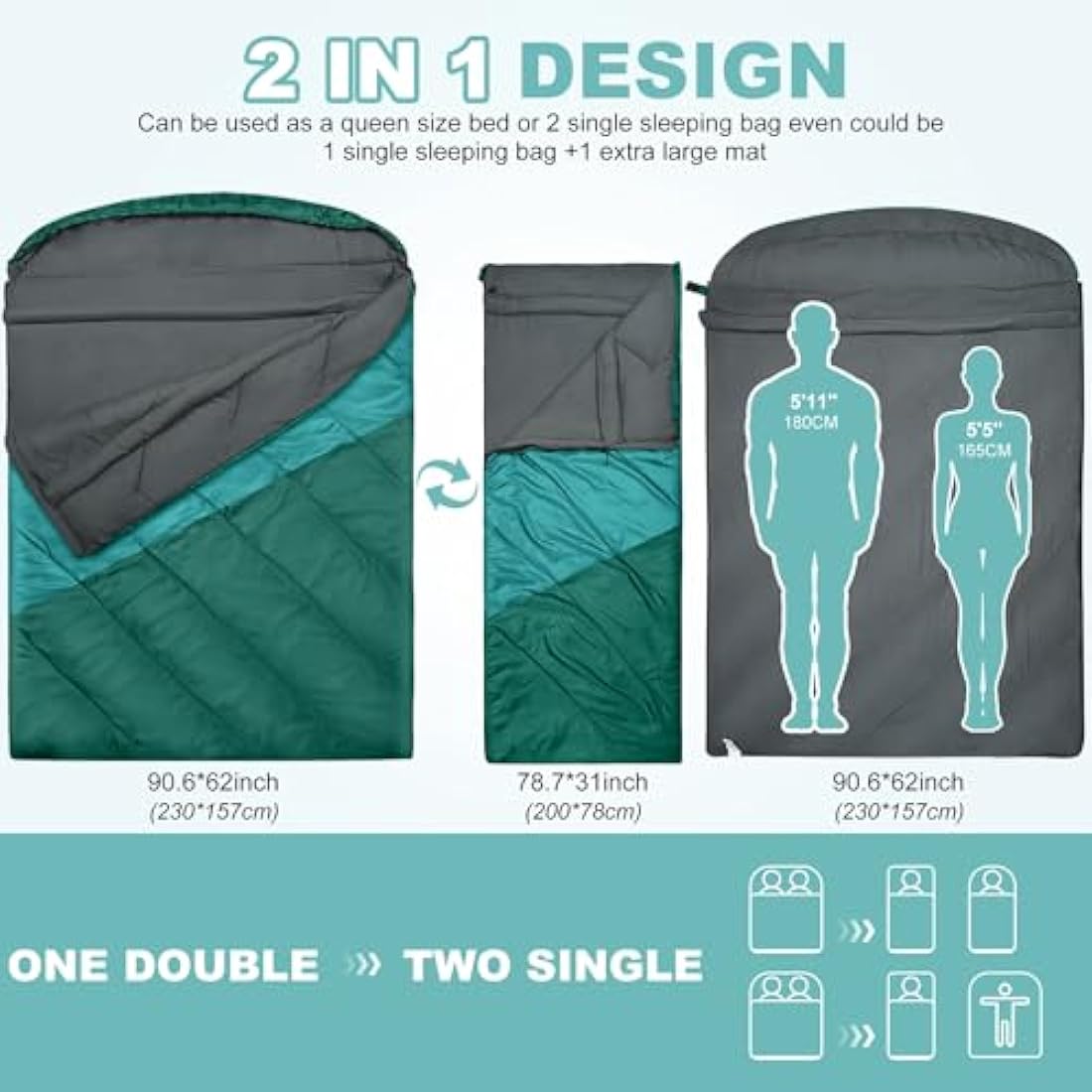 Mcota Double Sleeping Bag, 2 Person Queen Size Sleeping Bag for Adults Couples Family Camping Backpacking, XL Waterproof Lightweight for Cold Weather & Warm