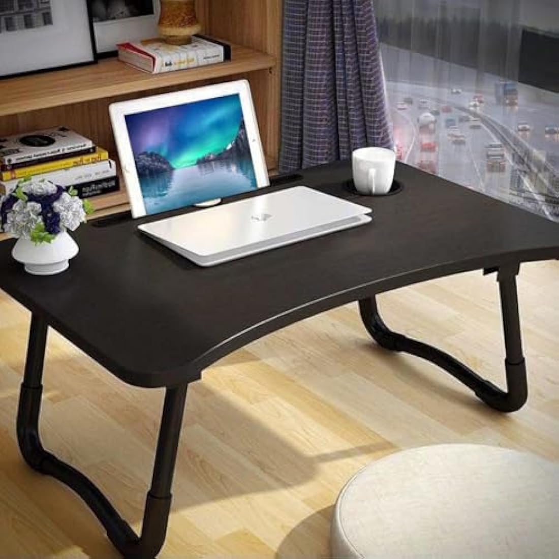 KKTECH Folding Laptop Bed Table Lap Standing Desk Sofa Breakfast Table Bed Tray Laptop Lap Desk with Cup Holder Notebook Stand Steel Legs 60x40x28cm (Black)