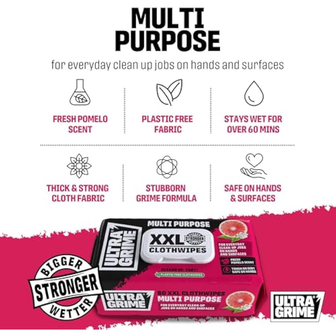 UltraGrime Multi Purpose Family XXL Biodegradable 80 Clothwipes - Pomelo Scented Large Wet Cloths - Heavy Duty Multi Purpose Cleaner