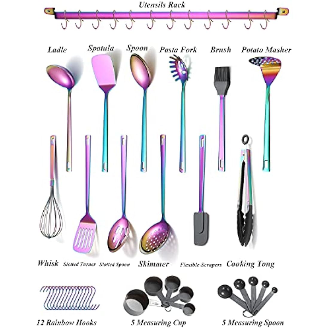 Rainbow Cooking Utensils Set,Kyraton Stainless Steel 37 Pieces Kitchen Utensils Set with Titanium Colorful Plating,Kitchen Gadgets Cookware, Kitchen Tool Set with Utensil Holder, Dishwasher Safe