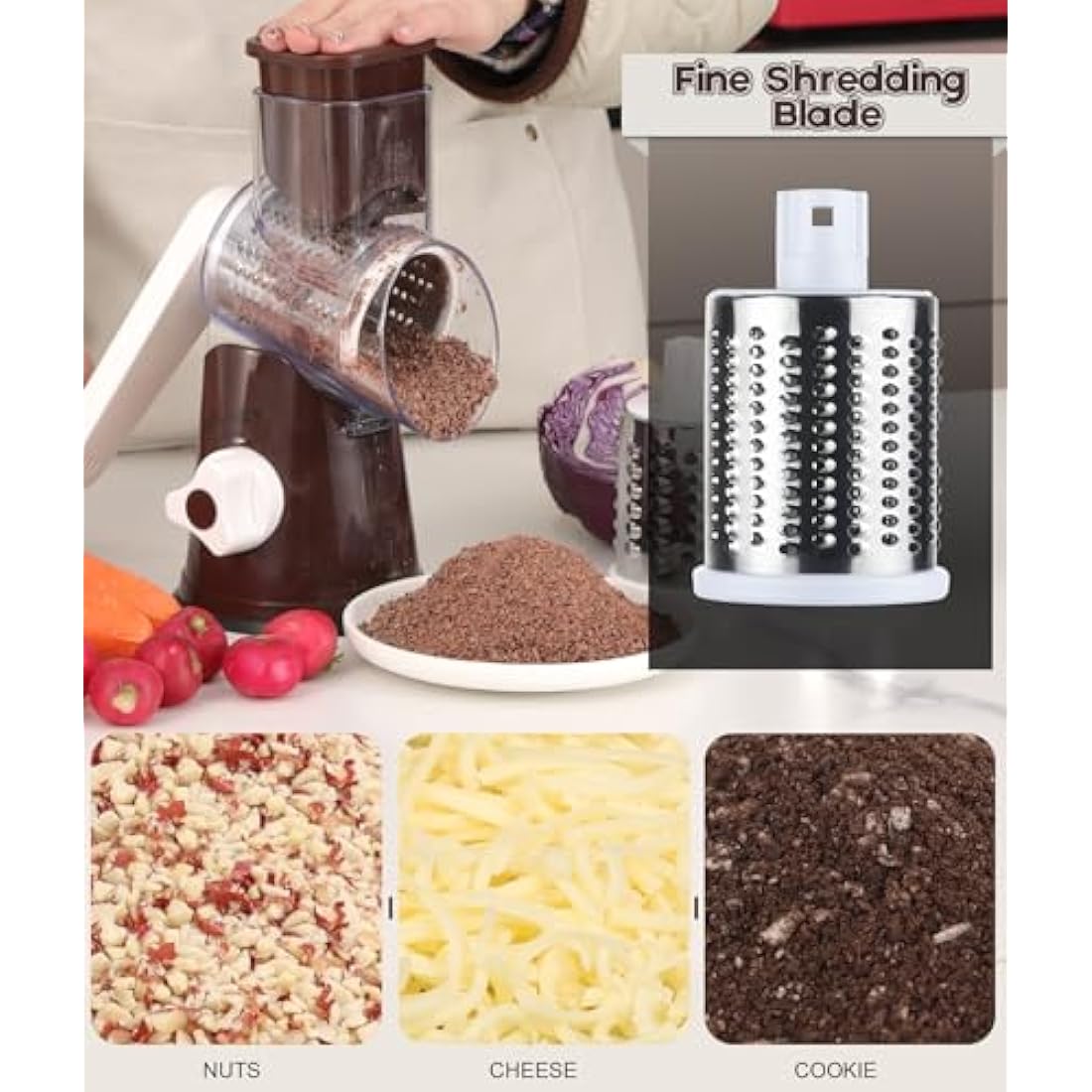 Ourokhome Rotary Cheese Grater Round Mandolin Slicer, Handheld Hashbrown Shredder with 3 Drum Blades, Kitchen Manual Speed Walnut Grinder for Potato, Carrot, Vegetables, Nuts, Zucchini (Coffee)