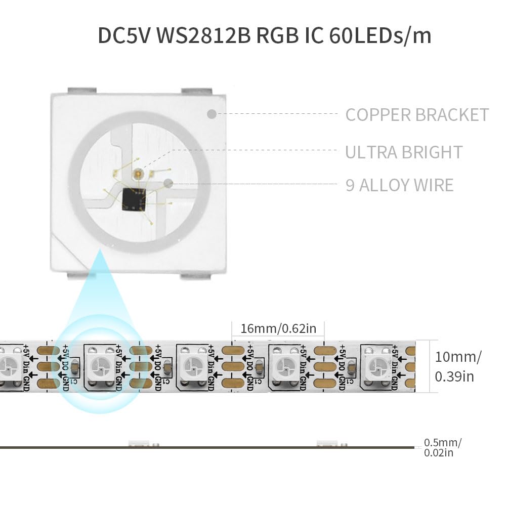 LOAMLIN WS2812B Individually Addressable RGB LED Strip 16.4FT 5050SMD Smart Flexible Dream Full Color 60Pixels/m White PCB Light IP30 Non Waterproof