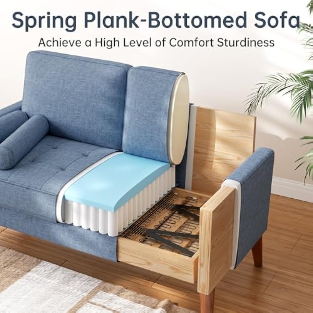 Vesgantti Small 2 Seater Blue Comfy Linen Modern Love Seat Sofa for Living Room & Bedroom