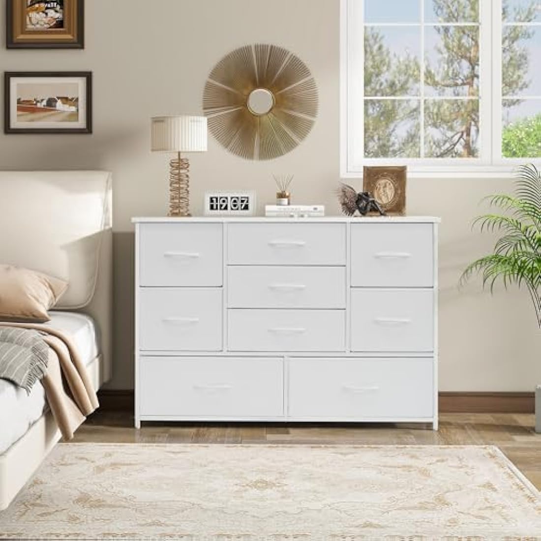 LYNCOHOME White Chest of Drawers for Bedroom, 9 Drawer Fabric Dresser Storage Organizer, Wide Dresser TV Stand for Bedroom, Living Room, Entryway, Nursery