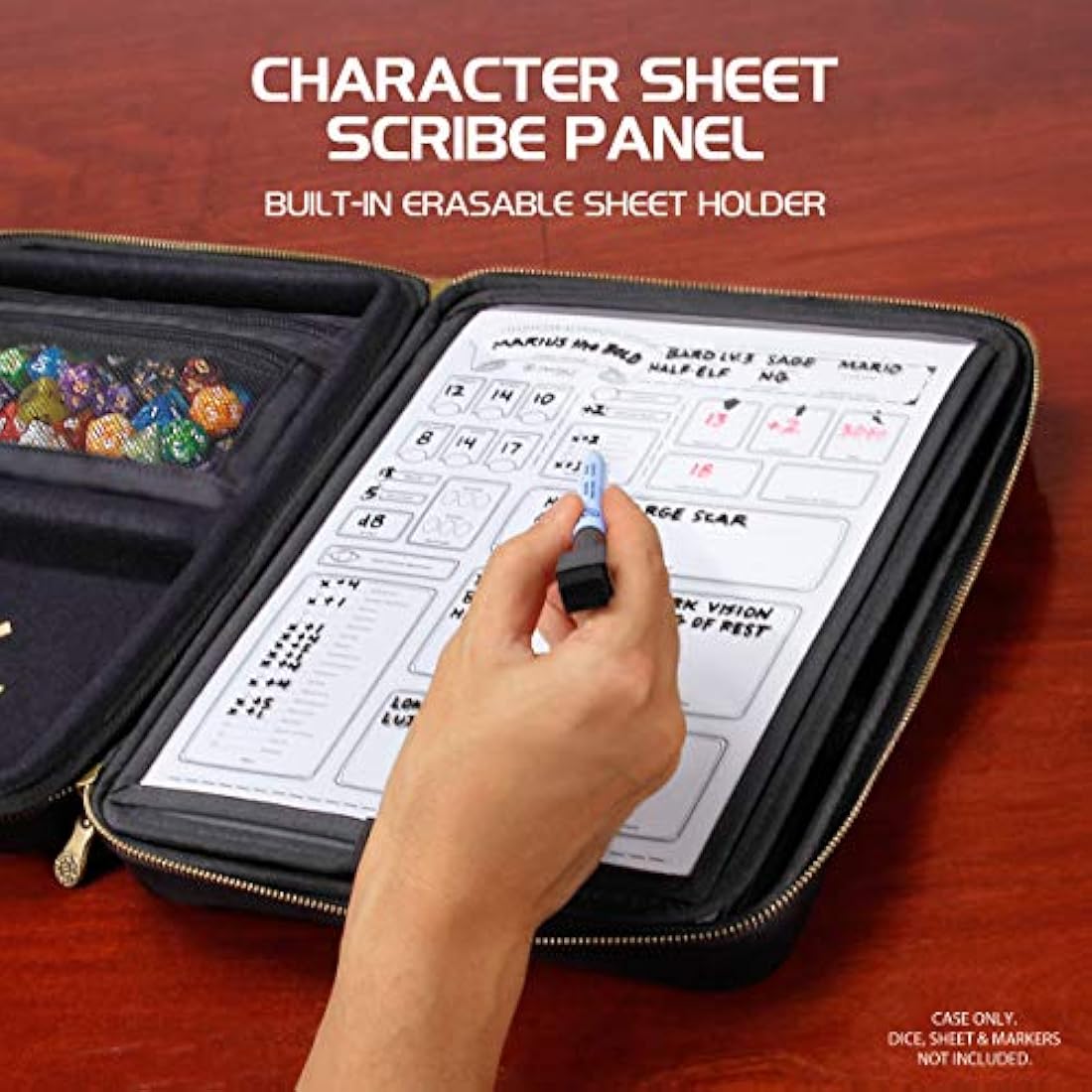 ENHANCE RPG Organizer Case - DND Binder with Built-in Character Sheet Holder and Erasable Scribe Panel, Dice Rolling Area, Removable Pen Pouch, Miniature Foam Tray, Wrist Strap, and More (Black)