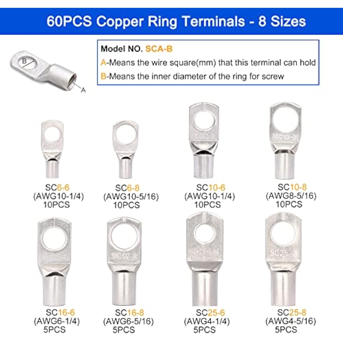 Brileine Battery Cable Crimping Tool Kit from AWG 1/0-8 with 60PCS Copper Ring Terminals 8 Sizes Battery Cable Lug Crimper for Heavy Duty Wire Lugs, Battery Terminal, Copper Lugs(Set Blue)