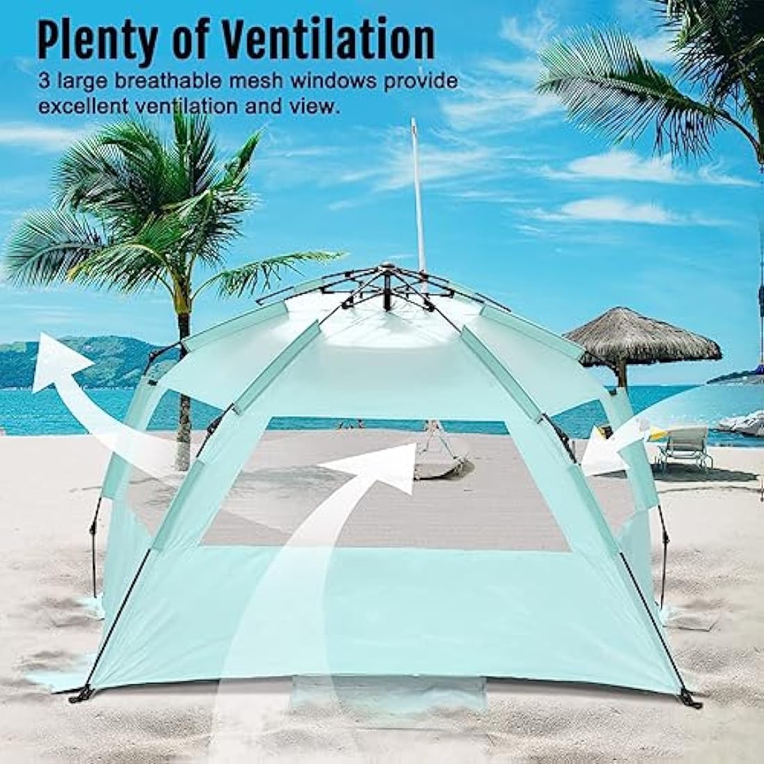 WhiteFang Deluxe XL Pop Up Beach Tent Sun Shade Shelter for 3-4 Person, UV Protection, Extendable Floor with 3 Ventilating Windows Plus Carrying Bag, Stakes, and Guy Lines