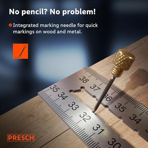 Presch Try Square 350 mm | Medium | Includes rust-free marking gauge (35cm), level bubble & marking pin | 90° & 45° | Carpenters square, Precision Square, Joiners Square, Engineers Square