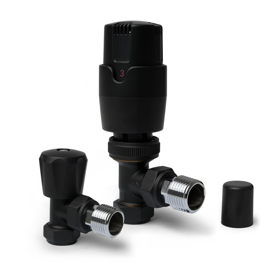 Black Angled Thermostatic Radiator Valves TRV Modern Radiator Valves 15mm x 1/2" (Set of 2) for Heated Towel Rails & Central Heating Radiators
