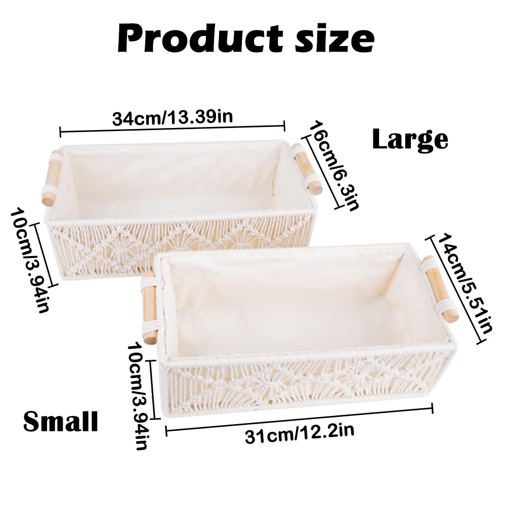 2Pcs Macrame Storage Baskets with Wooden Handles, BOJVESH White Boho Bathroom Decor Woven Baskets for Shelves