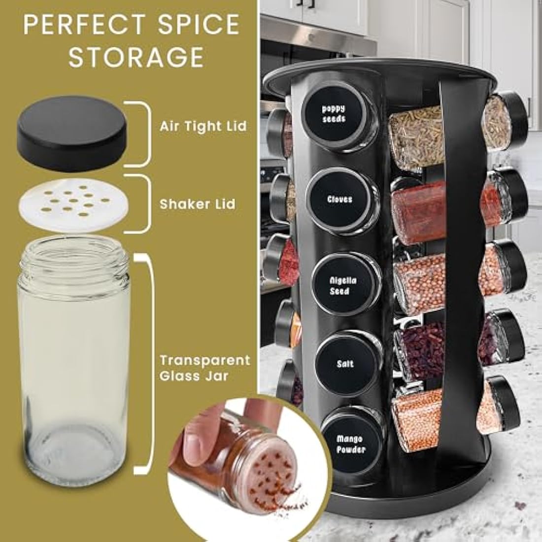 Wize Products - Black Countertop Rotating Spice Rack, 20 Empty-Jars Revolving Organiser 360°, Free Standing Round Carousel Tower, Spice Labels with Funnel for Kitchen Countertop